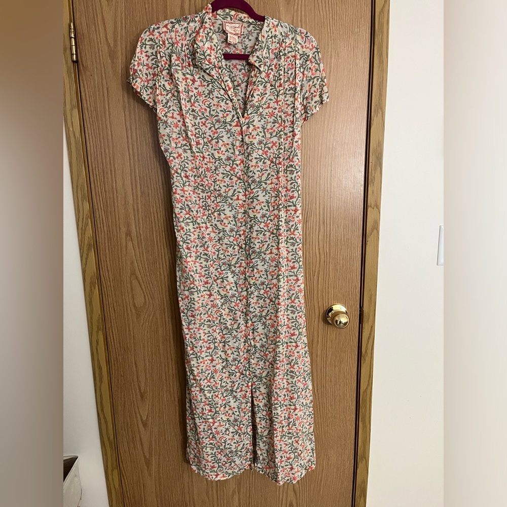 Floral Button-Front Maxi Dress in Cream and Coral